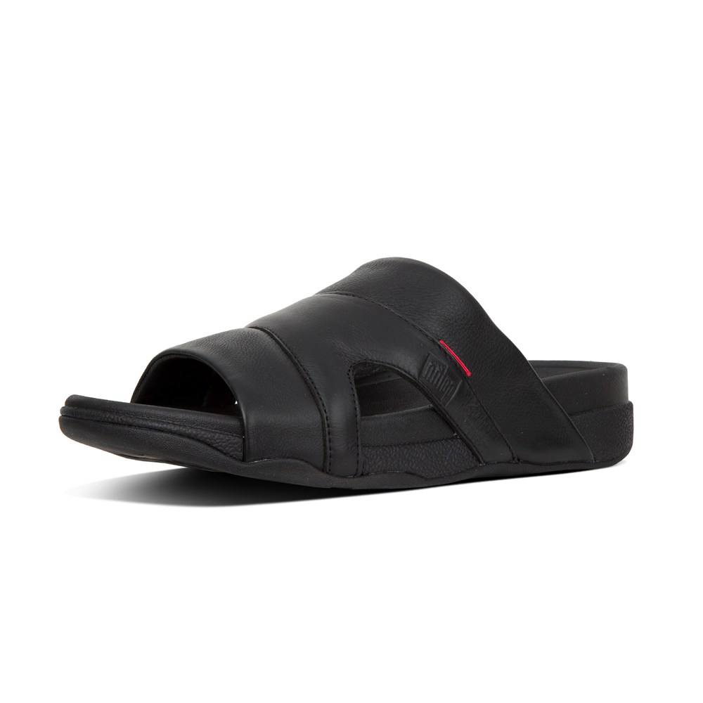 Fitflop Mens Slides Black - Freeway Leather Pool - 27AYVUXPJ